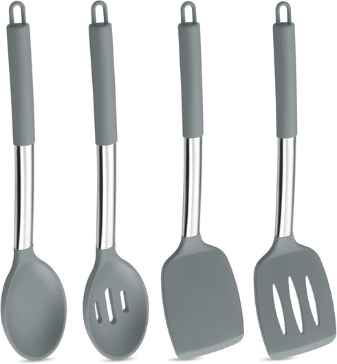 P&P CHEF Kitchen Utensils Set, 4Pcs Silicone Cooking Spatulas, Heat-proof Turner Spoon, Dishwasher Safe, Grey
