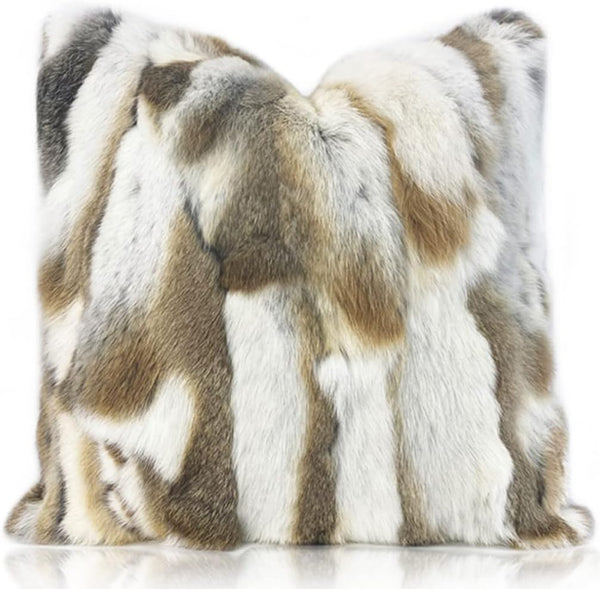 Natural Handcrafted Rabbit Fur Throw Pillow Covers - Soft Plush Real Fur Pillow Case for Home Living Room 18 x 18