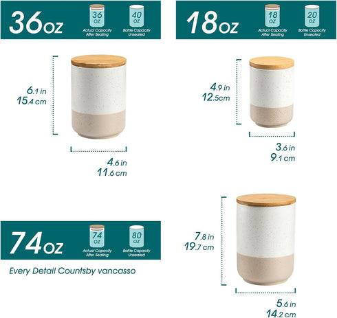 Set 3-Piece Countertop vancasso Sabine Ceramic Canister with Airtight Wood Lids - Kitchen Storage for Flour, Sugar
