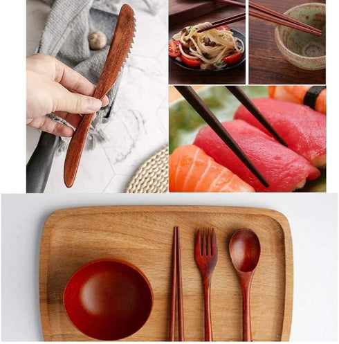 Reusable Wooden Utensil Flatware Set, 10 Pcs Bamboo Spoon and Fork Travel Cutlery Set with Case