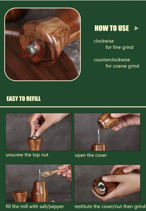 Acacia Wood Salt and Pepper Grinder Set, Manual Pepper Mill, Refillable, Adjustable Coarseness with Wooden Stand