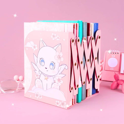 BelugaDesign Cat Moon Bookends | Anime Cute Magical Kawaii Pink Yellow White Pastel Clouds Cherry Blossoms Decorative