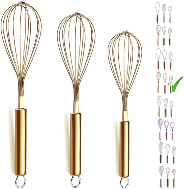Berglander Gold Whisk Pack of 3 - Stainless Steel 8", 10", 12", Titanium Plating Gold Whisks for Cooking, Beater, Wire
