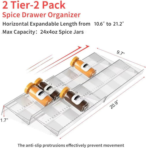 Baker Boutique 2-Tier 2-Pack (11''-22'') Non-Slip Spice Drawer Organizer, Checkered Frosted Clear Acrylic, Expandable