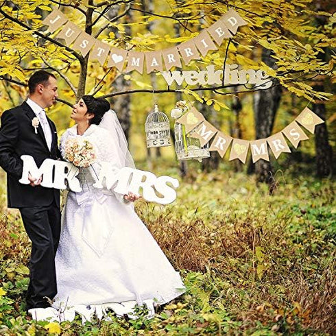 2 Pieces Mr and Mrs Banner, Just Married Burlap Wedding Bridal Shower Garland for Party