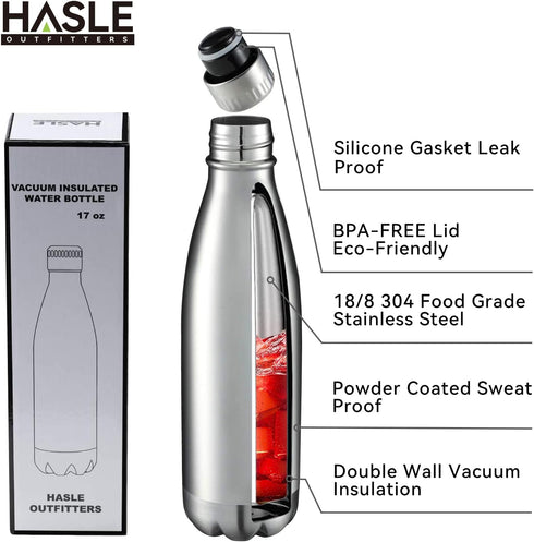 HASLE OUTFITTERS 17oz Stainless Steel Water Bottles Bulk, Double Walled Vacuum Insulated, 4 Packs