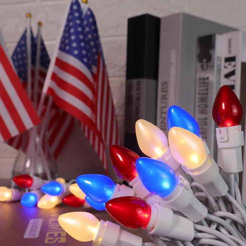 4th C3 13.5 50 GlowVibe Red White and Blue String Lights, of July, Glass ft LED Plug in Lights for Home Patio Garden