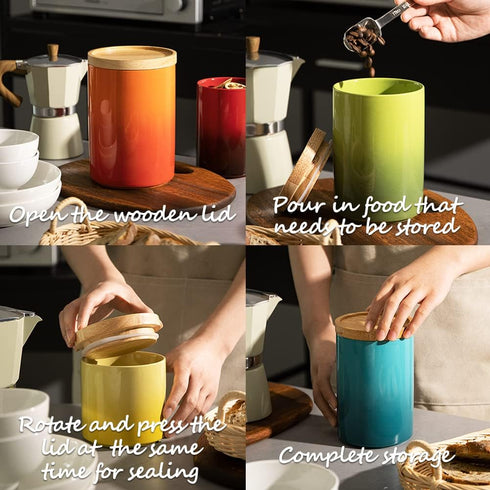 Sweejar Ceramic Food Storage Jar, Stackable Kitchen Canisters with Airtight Seal Wooden Lid for Coffee, Tea, Sugar