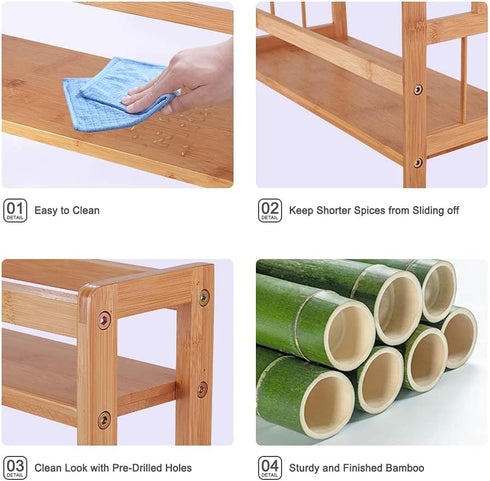 Ufine 2 Tier Bamboo Spice Rack Organizer Kitchen Countertop Storage Shelf Free Standing Holder for Various Bottles,