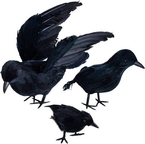 3-Pack Realistic Handmade Black Feathered Crow Prop for Halloween Party Decoration, Indoor and Outdoor Use