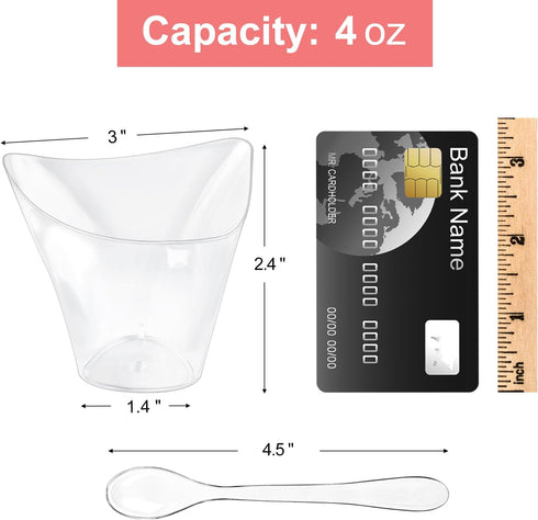 4 oz 50 Pack Qeirudu Triangular Mini Dessert Cups with Spoons, Plastic Appetizer Cups Reusable Shooter Cups for Pudding