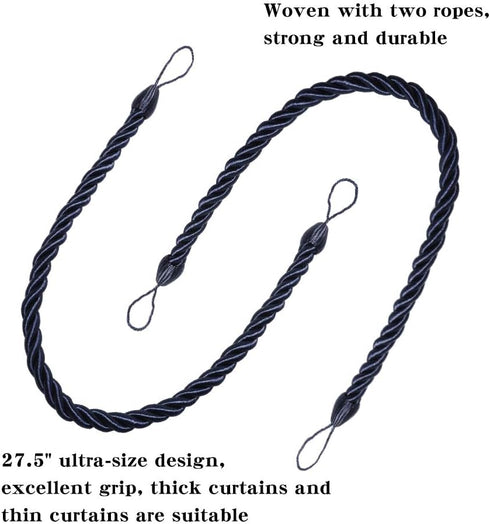 BEL AVENIR Curtain Rope Tiebacks, Drapery Holdbacks with 4 Metal Screw Hooks (Navy, 4pack)