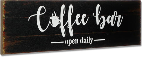 Coffee Bar Sign, Rustic Wood Wall Decor for Coffee Station, Wooden Accessories Wall Hanging Plaque (Brown Background)