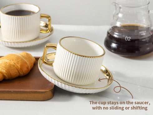 8oz Set, Set 4, LETAOTAO Cappuccino Cups with Saucers, Ceramic Coffee Cups with Saucers Latte Art Coffee Mugs with Gold