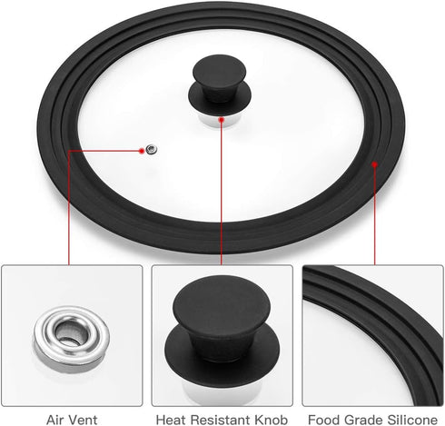 Universal Lid for Pots, Pans, and Skillets, Tempered Glass with Heat Resistant Silicone Rim, Black