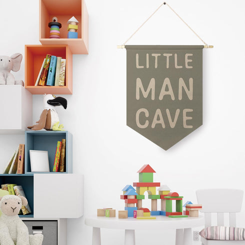 Qpenm Little Man Cave Hanging Wall Canvas Banner, Kids Playroom Hanging Pennant Flag Prints, Nursery Boy Wall Decor