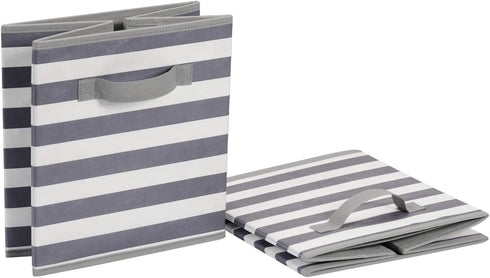 Amazon Basics Collapsible Fabric Storage Cube Organizer with Handles, 10.5 x 10.5 x 11 Inch, White/Light Grey Stripe