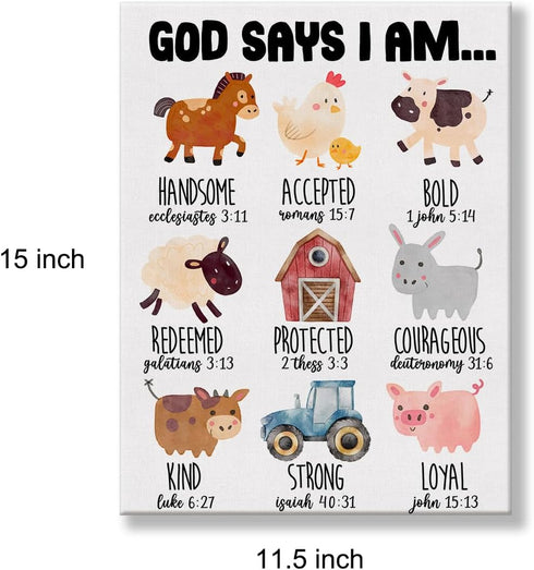 Hijie 12x15 Inch Inspirational Motivational God Says I Am Poster Canvas Wall Art for Nursery Home Decor Christian Farm