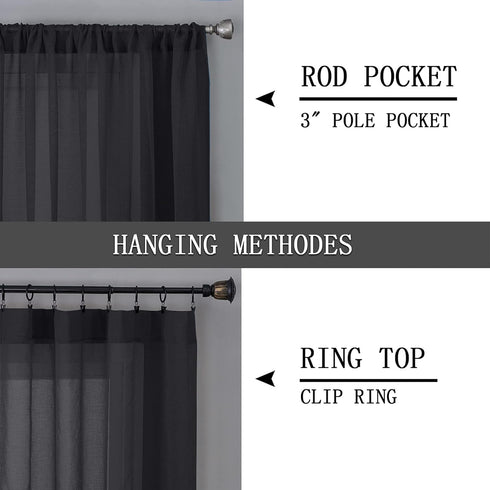 Tollpiz Sheer Valance, Linen Textured Bedroom Curtain, Light Filtering Rod Pocket Voile Valances for Living Room, Black