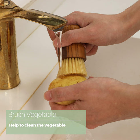 2PCS Set Teak Dish Scrub Brush by HTB, Good Grip Small Wooden Dish Brush with Teak Handle & Sisal Bristles for Kitchen