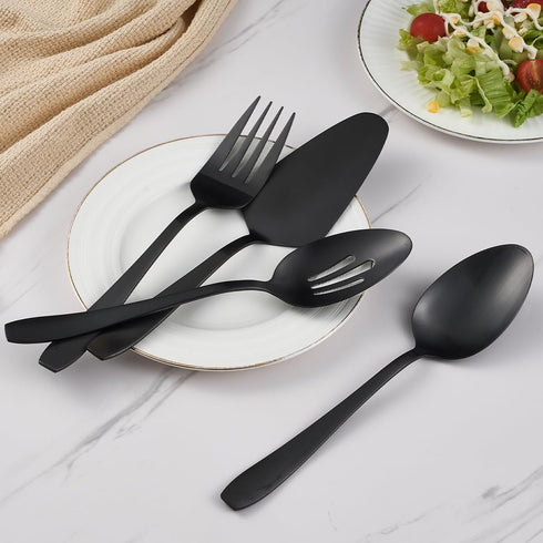 Matte Black Serving Set - 4-Piece Stainless Steel Hostess Set for Buffets, Includes Serving Spoon and Fork