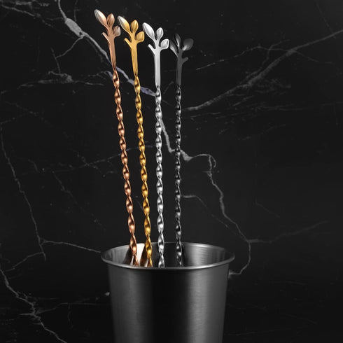 AnSaw 12-Inch Leaf Handle Bar Spoon, 2-Pieces Long Handle Cocktail Mixing Stirrers in Stainless Steel (Gold)