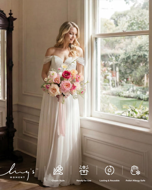 24pcs Ling's Moment Artificial Flowers Fake Silk Hydrangea Faux Peony Foam Roses Combo for DIY Wedding Bouquet
