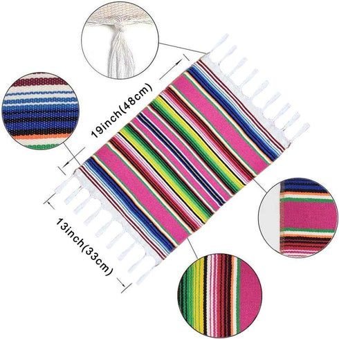 Mexican Serape Placemats - Set of 6 Handwoven Fringe Cotton Table Place Mats for Party Decor, 13 x 19 Inch