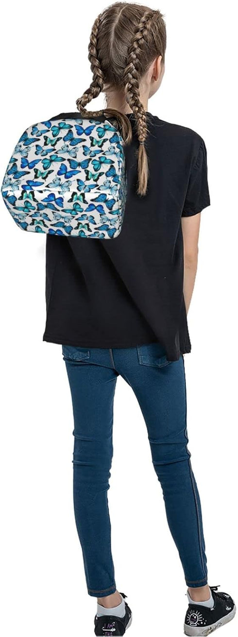 Insulated Lunch Bag Box for Women, Blue Butterfly Print Cooler Thermal Waterproof Tote Bag for Work & Picnic