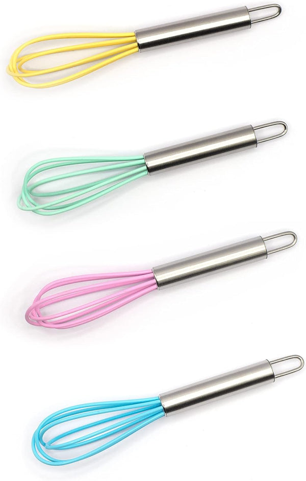 Mini Whisks 4Pcs, 6 Inch Silica Gel Stainless Steel Whisk for Kitchen Cooking, Baking Use (Purple, Yellow, Cyan, Blue)