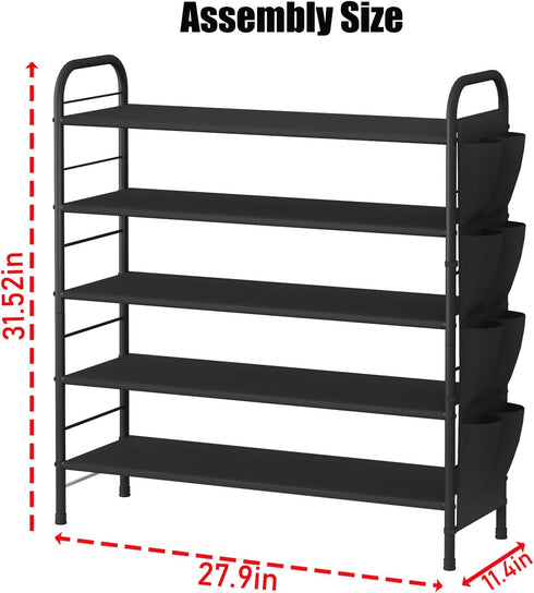 5 Closet SUOERNUO Shoe Rack Storage Organizer Tier Free Standing Metal Shoe Shelf Compact Shoe Organizer with Side Bag