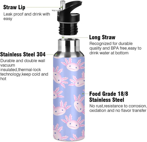 Cute Pink Axolotl Water Bottle, 32 oz Insulated Stainless Steel, BPA-Free, with Straw Lid for School, Office, Gym,