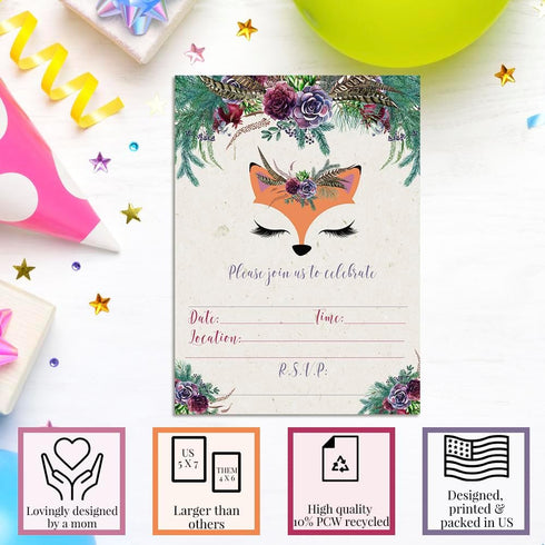 Woodland Forest Fox Face Floral Birthday Party Invitations - 20 Fill In Cards with White Envelopes by AmandaCreation
