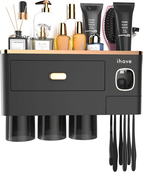 3 iHave Toothbrush Holders Wall Mounted with Toothpaste Dispenser & Cups - Luxury Black and Gold Design for Bathroom