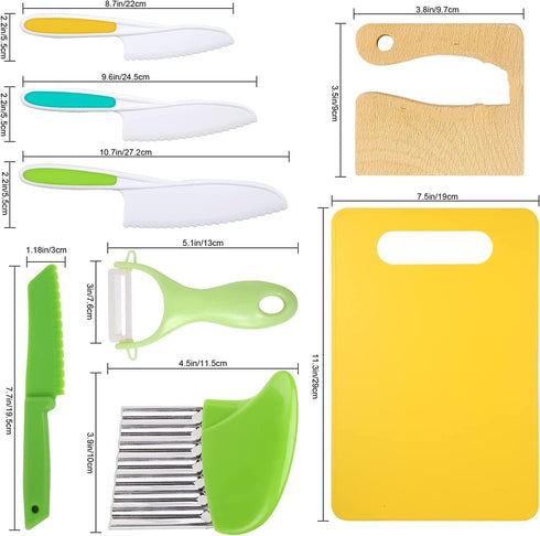 Leking 8 Pcs Wooden Kitchen Knife Set for Kids, Safe Knives, Potato Slicers, and Cutting Board