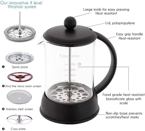 Easyworkz Eclipse French Press 27 oz Coffee Maker with Borosilicate Glass for Tea
