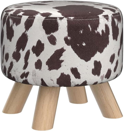 Asense Small Round Ottoman Foot Rest Stool Linen Padded Seat Footstool Ottoman with Anti-Slip Wooden Legs (Cow