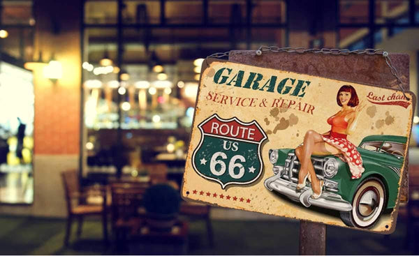 AOYEGO Pin Up Tin Sign, Route 66 Garage Service Repairs Vintage Metal Sign for Cafes Bars Pubs Shop Wall Decor
