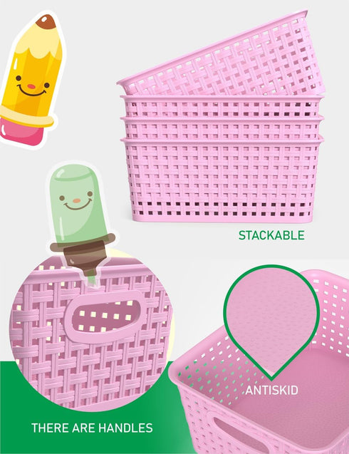 WYT 6-Pack Plastic Small Shelf Storage Weave Baskets for Organizing Cabinets and Pantries, Lavender Purple