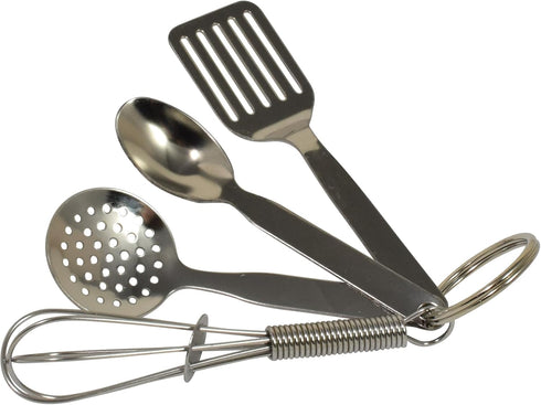 R&M International Mini 3.5" Kitchen Tool Set with Keychain, Includes Whisk, Spatula, Spoon, and Skimmer,Silver by R&M International