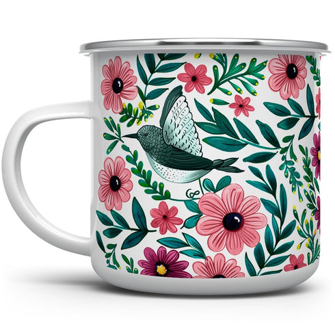 Floral Hummingbird Enamel Camping Coffee Mug, Botanical Garden Gift Cup for Women and Friends