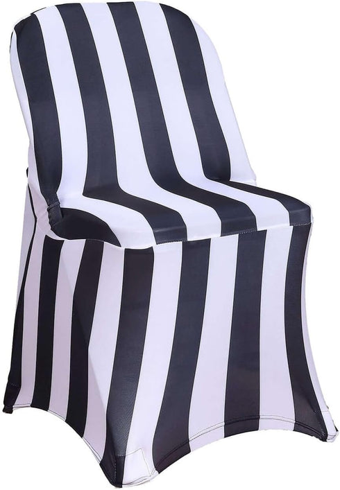 2" 160GSM Efavormart Black & White Striped Spandex Stretch Fitted Folding Chair Cover with Foot Pockets - Premium