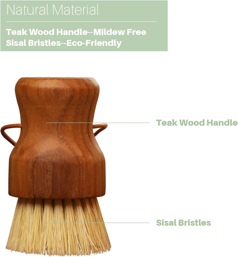 2PCS Set Teak Dish Scrub Brush by HTB, Good Grip Small Wooden Dish Brush with Teak Handle & Sisal Bristles for Kitchen