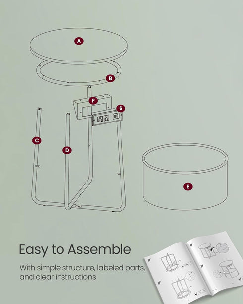 ULET228C04 VASAGLE LILEA Collection - Side Table with Charging Station, Round End Table with Fabric Basket, Nightstand