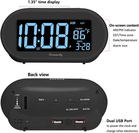 DreamSky Alarm Clocks for Bedrooms - Auto Set Digital Desk Clock with Dimmable Brightness, USB Port, Snooze