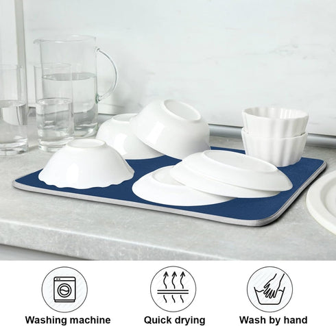 Navy Dish Drying Mat for Kitchen Counter, Absorbent Microfiber Dry Dishes Mat 16 x 18 Inch for Countertops Decor