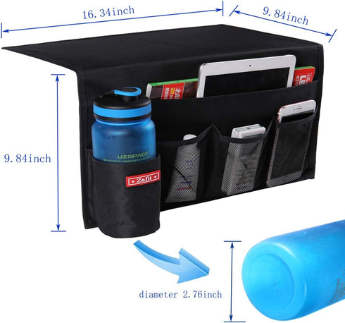5 Pockets Bedside Caddy, Storage Organizer for Water Bottles, Magazines, Phone, Glasses (Black)