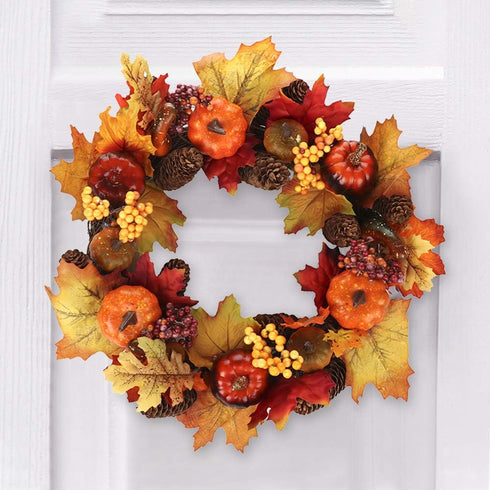 Lighted Fall Harvest Thanksgiving Wreath with Maple Leaf - 12 Inches, Front Door Wall Decor