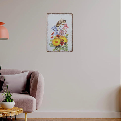 Retro Metal Tin Sign, Bee Sunflower Summer Wall Decor, Farmhouse Decor for Home Cafes Office Store 8 x 12 in