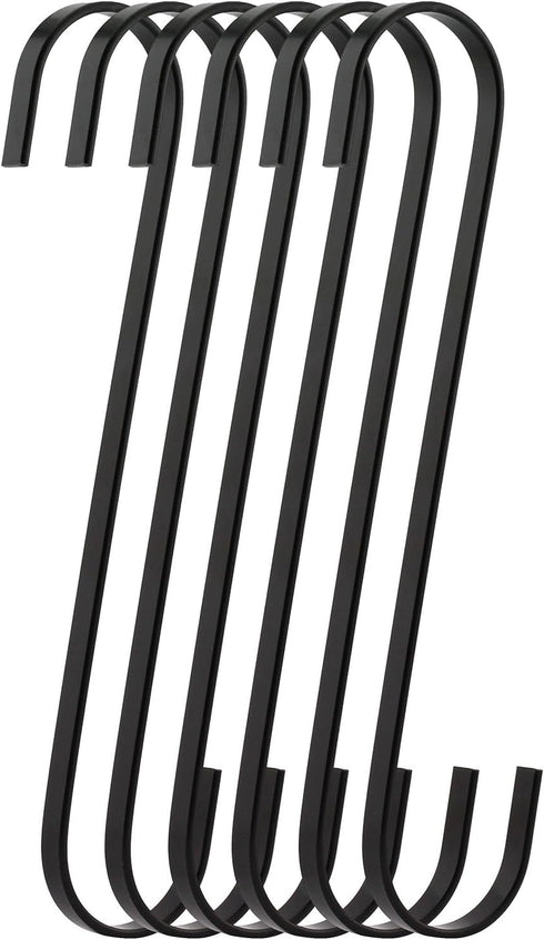6-Pack 8 Inch Black Chrome Finish Steel Hanging Flat Hooks, Heavy-Duty S Hooks for Kitchenware, Gardening Tools